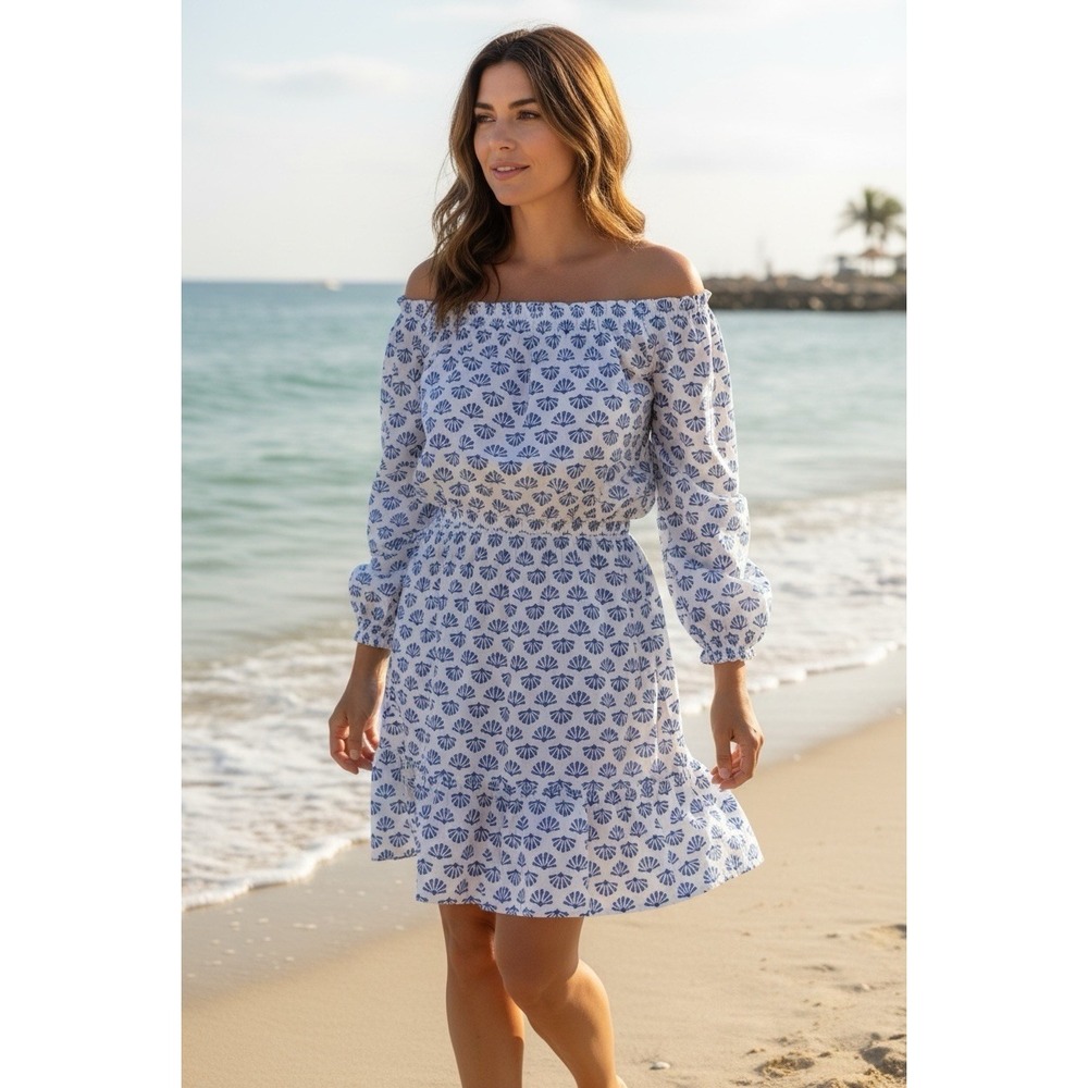 J. CREW Tiered Cotton White & Blue Design A-line Dress Size 8 Beach Vacation
